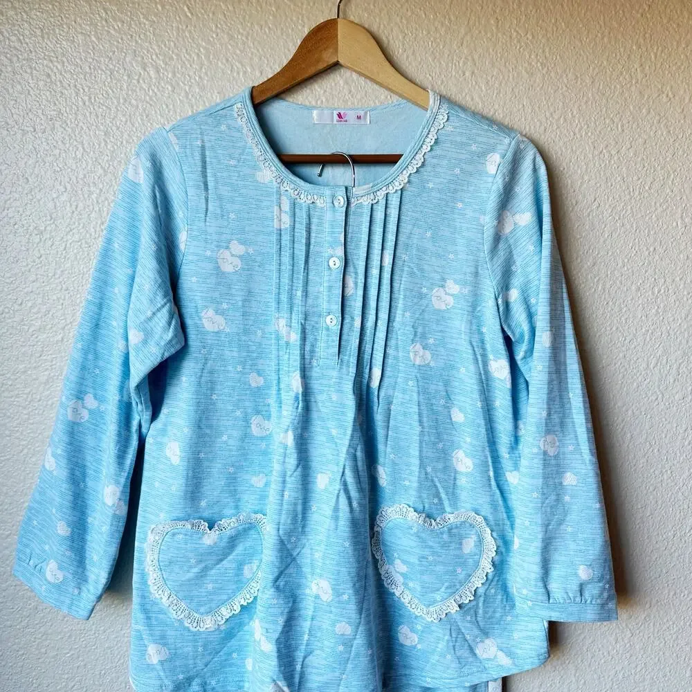 Wacoal Blue Floral Fleece Flannel Pajama Set Heart Lace Pockets Size M